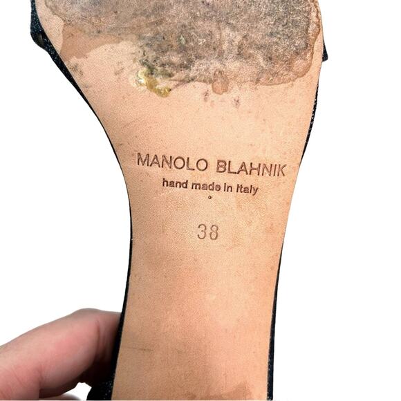 Manolo Blahnik Lauratomod Denim Ankle-Wrap Sandal in Metallic Wash Denim - Picture 8 of 9